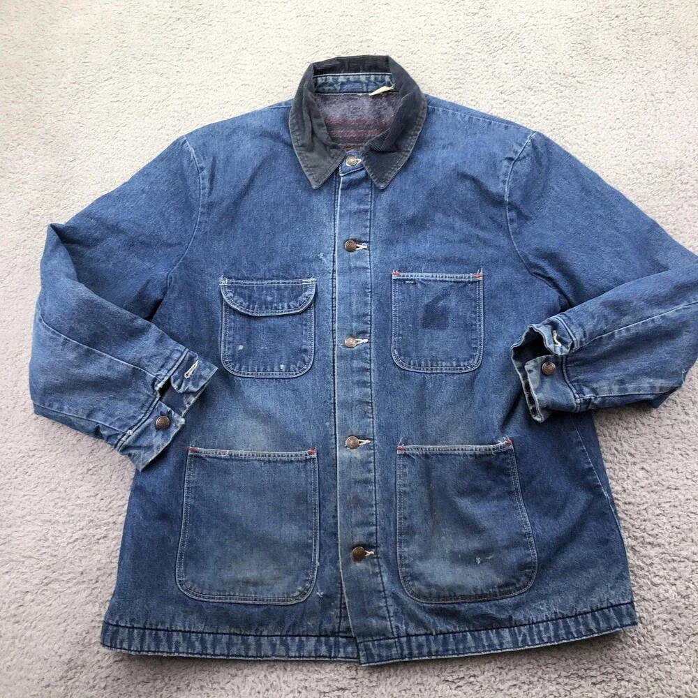 Vintage Denim Coat Mens 48 Blue Blanket Lined Chore Corduroy Collar USA Workwear